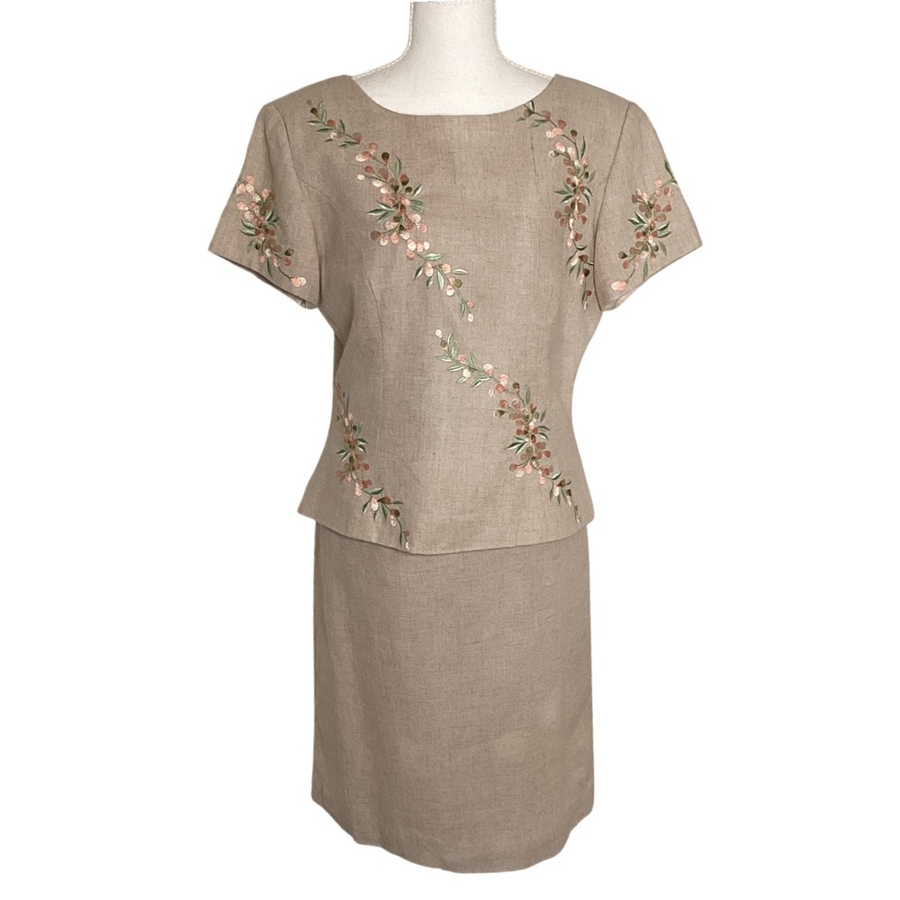 Jessica Howard Linen Floral Embroidered Skirt Set Womens 6 Tan Boho Cottagecore
